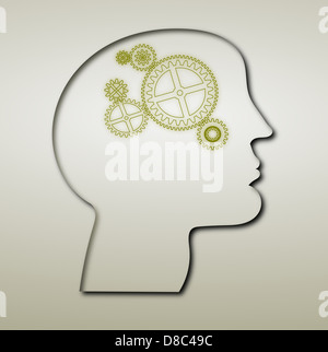 Dachte, Prozess oder Querdenken oder Brain-Storming innen Zahnräder im menschlichen Kopf Stockfoto
