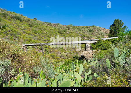 Alte hölzerne Wasser Kanal Überbrückung einen Barranco in Las Vegas, Teneriffa, Kanarische Inseln, Spanien, Stockfoto