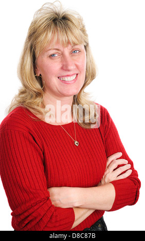 Porträt einer schönen Reife blonde Frau in den Vierzigern. Isoliert auf weiss. Stockfoto