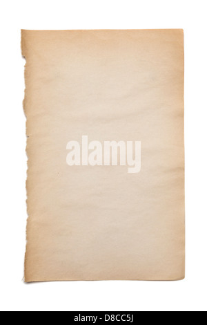 Altpapier auf weiß - leere Seite glattes Papier aus einem alten Buch, auf einem weißen Hintergrund. Stockfoto