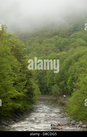 Niedrige Wolken hängen über einem schäumenden Bergfluss Berkshire im Frühjahr. Stockfoto