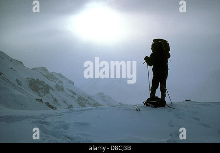 Eine Person Skilanglauf durch die verschneite Wildnis Alaskas. Der Skifahrer gleitet über die schneebedeckte Landschaft mit schneebedeckten Bergen und dichten Wäldern im Hintergrund und zeigt die heitere Winterschönheit Alaskas. Stockfoto