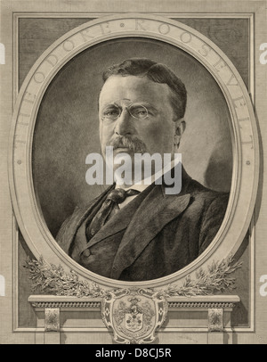 Theodore Roosevelt, Büstenporträt, Vorderseite, Kneifer, im Medaillon auf Sockel tragen. Enthält Remarque der Weißkopf-Seeadler, unten links, ca. 1905 Stockfoto