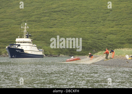 Fishermans ziehen et vom Schiff an der Küste. Stockfoto