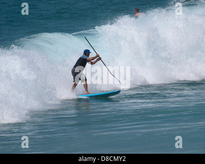 Board Surfer mit langen Paddel Newcastle, New South Wales Australien Stockfoto