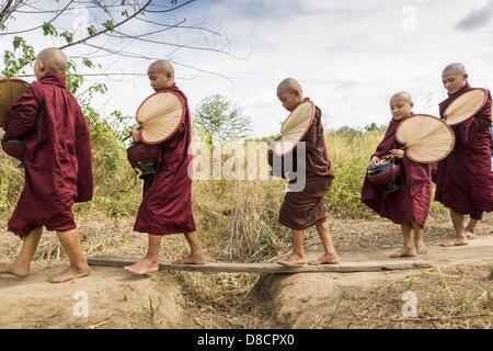 25. Mai 2013 - Mae Sot, Tak, Thailand - eine burmesische Mönch führt Neulinge durch den Wald während ihrer Morgen Almosen Runden durch eine inoffizielle Dorf der birmanischen Flüchtlinge nördlich von Mae Sot, Thailand. Ihre Gemeinde ist etwa 50 Meter von der burmesischen Grenze zu Thailand. Etwa 200 Menschen leben in strohgedeckten Hütten in der gesamten Gemeinschaft zu verbreiten. Sie sind nah genug, um Mae Sot, die einige können in der Stadt arbeiten und birmanische Händler von Mae Sot kommen, um ihr Dorf, um mit ihnen Geschäfte machen. Die Birmanen im Dorf nicht Residency Papiere für Thailand und gelten als technisch illegale Zuwanderung Stockfoto