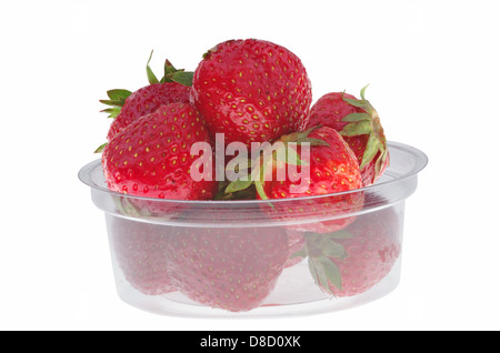 Transparente Kunststoffbox mit Erdbeere, isoliert auf weiss Stockfoto