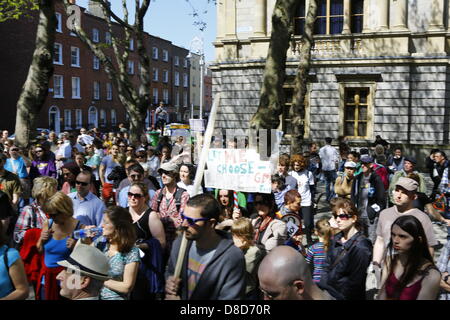 Dublin, Irland. 25. Mai 2013. Menschen sind an den Veranstalter der "Marsch gegen Monsanto" außerhalb des Department of Agriculture hören. Er spricht über die Praktiken von Monsanto und was dagegen zu tun. Hunderte von Menschen stellte sich heraus, dass es sich für den "Marsch gegen Monsanto" in Dublin aus dem Garden of Remembrance, Department of Agriculture. Der Protest ist Teil einer internationalen Tag des Protests gegen das landwirtschaftliche Unternehmen Monsanto und seine Geschäftspraktiken als auch gegenüber gentechnisch veränderten Lebensmitteln. Bildnachweis: Michael Debets/Alamy Live-Nachrichten Stockfoto