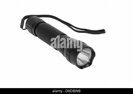 Taschenlampe, isoliert, weiß, schwarz, Blitz, Fackel, Kraft, Werkzeug, hell, Ausrüstung, Stahl, Lampe, Licht, Elektro, Lampe, Hintergrund Stockfoto