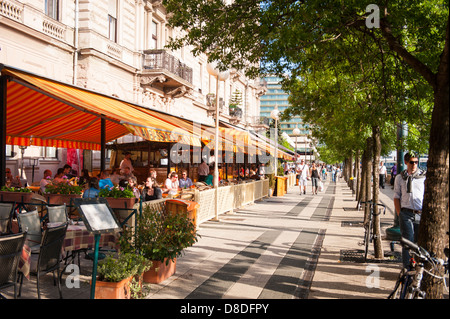 Ungarn Budapest Botschafter Botschafter Terasz Terrasse Restaurants Cafés bistros Donau Promenade modische touristische Ort verpackt Massen Bäume Stockfoto