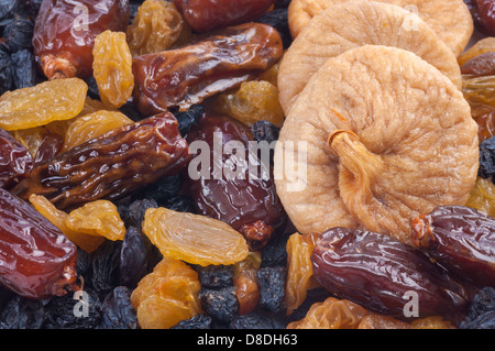 Getrocknete Früchte Feigen, Datteln, Rosinen, Nahaufnahme Stockfoto