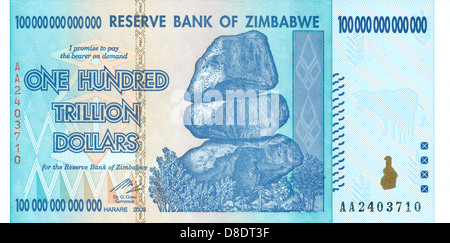 Ein hundert Billionen Dollar Simbabwe Banknote (siehe auch D8DT45 und D8DT4K) Stockfoto