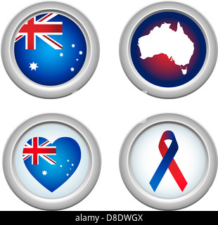 Australien-Schaltflächen mit Band, Herz, Karte und Flagge Stockfoto