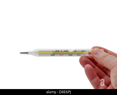 Thermometer in der Hand des Menschen isoliert auf weiss Stockfoto