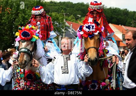 Vlcnov, Tschechische Republik. 26. Mai 2013. Traditionelle Fahrt der Könige erfolgt am 26. Mai 2013, in Vlcnov (300 km östlich von Prag). Jedes Jahr am letzten Sonntag im Mai, diesen Aufruf in den Süden mährischen Dorf Vlcnov erklingen. Der Ritt der Könige, eine Nachricht für Freude, Glück und Schönheit. Im 19. Jahrhundert konnte die Praxis dieses Brauches in nahezu allen Mährens nachgewiesen werden. Heute ist die jährliche Tradition nur in Vlcnov weiterentwickelt. Die Fahrt oder Parade besteht aus einer Gruppe von Reitern zentriert um einen König auf einem weißen Pferd durchgeführt. Der König ist ein Jugendlicher junge gekleidet in ein o Stockfoto