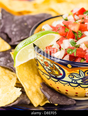 Eine schicke Schale mit Nacho-Mais-Chips und frische Zwiebel-Tomaten-salsa Stockfoto