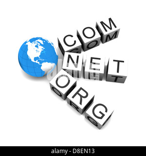 Konzept von Internet-Domains mit Globus isoliert auf weißem Hintergrund. Elemente des Bildes von der NASA eingerichtet. Stockfoto