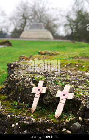 Sitzen zwei in Erinnerung Kreuze mit Mohnblumen auf Moos bedeckt Stein bei der Commonwealth Gräber Kommission Soldatenfriedhof in der Normandie Stockfoto