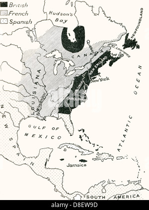 Karte von Nordamerika vor dem Siebenjährigen Krieg zwischen 1754 und 1763 stattfand. Stockfoto