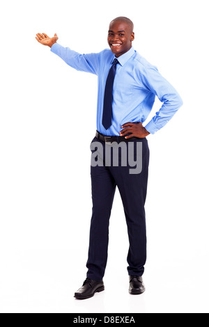 afrikanische amerikanische Geschäftsmann präsentiert auf leeren Exemplar Stockfoto