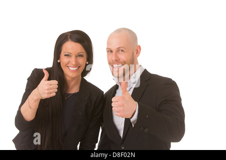 Konzeptionelle Portrait von zwei Geschäftsleute ihre Daumen auftauchen Stockfoto