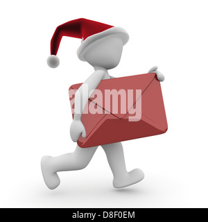 Ein 3d Charakter tragen einen großen Wunsch-Brief für den Weihnachtsmann. Stockfoto