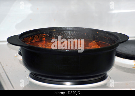 Bilder von einem Eintopf kochen in einem gusseisernen Topf auf Elektroherd. Stockfoto