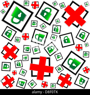 rote und grüne Vorhängeschlösser Musterdesign - Sicherheitskonzept Stockfoto