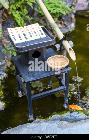 Tsukubai ist ein kleines Becken zur Verfügung gestellt in japanischer buddhistischer Tempel für Besucher, die sich durch die rituelle Waschung der Hände reinigen Stockfoto