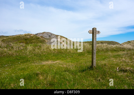 Wegweiser, umgeben von Sanddünen auf dem Küstenpfad am Bosherston, Pembrokeshire. Stockfoto