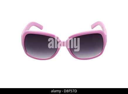 Graue Sonnenbrille mit violetten Rahmen auf weißem Hintergrund Stockfoto
