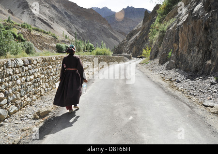 Indien, Jammu und Kashmir, Ladakh, lokale Frau Spaziergänge in der Landschaft Stockfoto