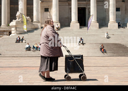 Frau einen Einkaufswagen schieben Stockfoto