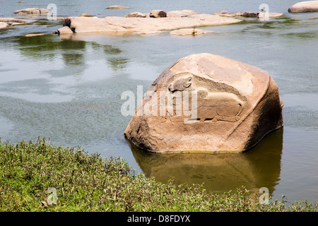 Schnitzen von Nandi auf einem Felsen im Fluss, Hampi, Indien Stockfoto