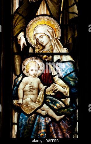 Krippe Glasmalerei Detail, St. Marien Minster Kirche, Ilminster, Somerset, England, UK Stockfoto