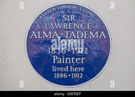 mehr London Rat blaue Plakette markiert ein Haus des Malers Sir Lawrence Alma-tadema, St Johns Holz, London, England Stockfoto