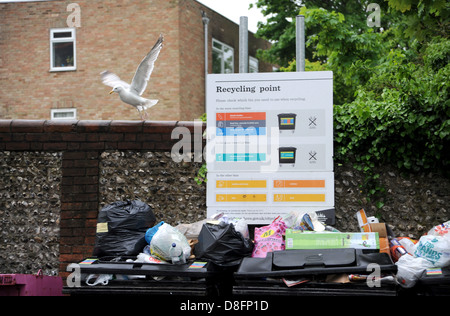 Brighton Sussex UK 28. Mai 2013 - überlaufenden Müll aus ungeleerten kommunalen recycling-Behälter im Bereich Queens Park von Brighton Stockfoto