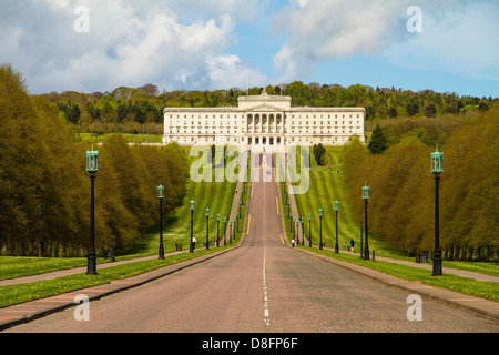 Stormont, Sitz der Regierung in Nordirland. Politik, Geschichte, schöne Gebäude in Belfast. Porträt, blauer Himmel, grüne, Flagge, Montage, Architektur. Stockfoto