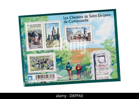 Ein Blatt der französischen Gedenk Briefmarken feiert der Pilgerroute nach Santiago De Compostela. Stockfoto