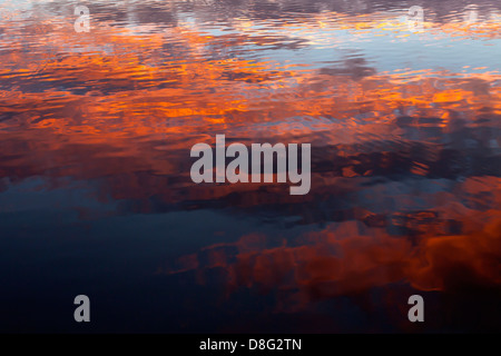 Sonnenuntergang mit Wolken und auch im Wasser spiegelt, Fluss Bure, Salhouse Broad, die Norfolk Broads, die Broads, England. Rote Wolken und blauer Himmel Stockfoto