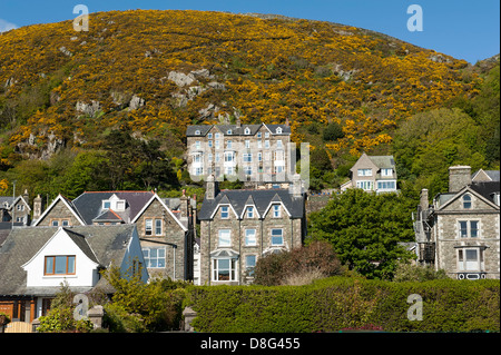 Typische Stein gebaute Häuser am Hang, Barmouth, Nordwales Stockfoto