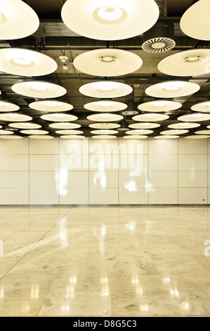 Reflektierende Decke mit Bank von Lampen, Flughafen Madrid-Barajas, Madrid, Spanien Stockfoto