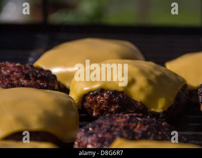 Frikadellen auf dem Grill und garniert mit Käse Stockfoto