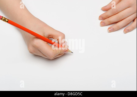 Hand mit rotem Stift Stockfoto