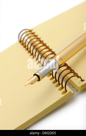 Füllfederhalter auf einem gelben notebook Stockfoto