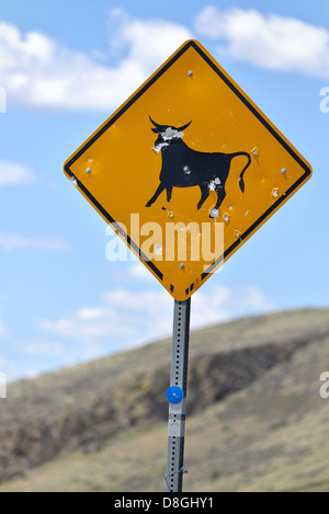 Autobahn-Rinder auf Autobahn Warnung melden mit Einschusslöchern in der südlichen Idaho-Wüste. Stockfoto