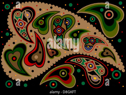 Farbige Paisley auf schwarzem Hintergrund Stockfoto