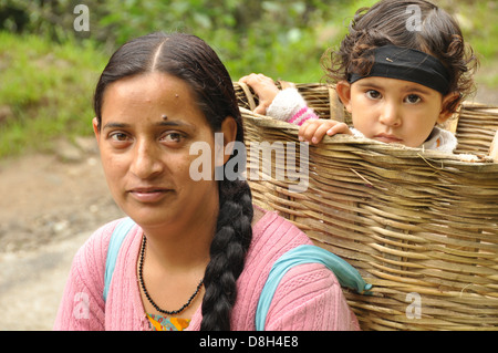 Frau trägt Korb festgeschnallt auf dem Rücken in Manali, Vashisht, Himachal Pradesh, Indien Stockfoto