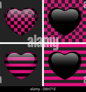 Vector - Set von vier glänzenden Emo Herzen. Pink und schwarz Schach und Streifen Stockfoto