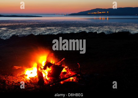 Am Strand mit der Küste und Meer in der Vista gesammelt brüllend Lagerfeuer aus Echtholz Stockfoto